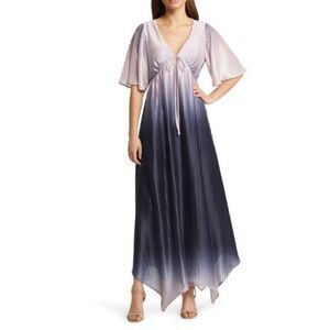 ❤️BTFL-life Karla Handkerchief Pleated Hem Pink Navy Ombré Maxi Dress V-Neck XS